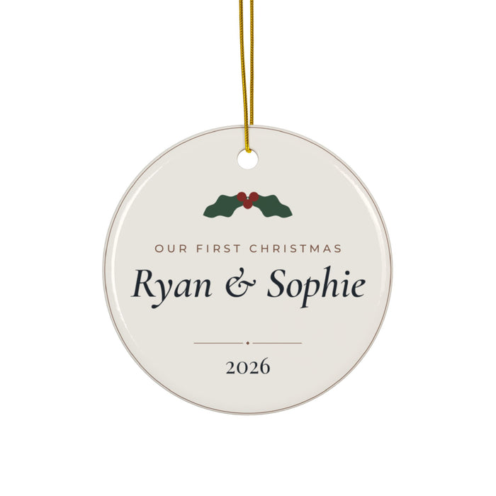 Personalized Our First Christmas Couple Ornament, Two-Sided Ceramic Keepsake, Printed in the USA