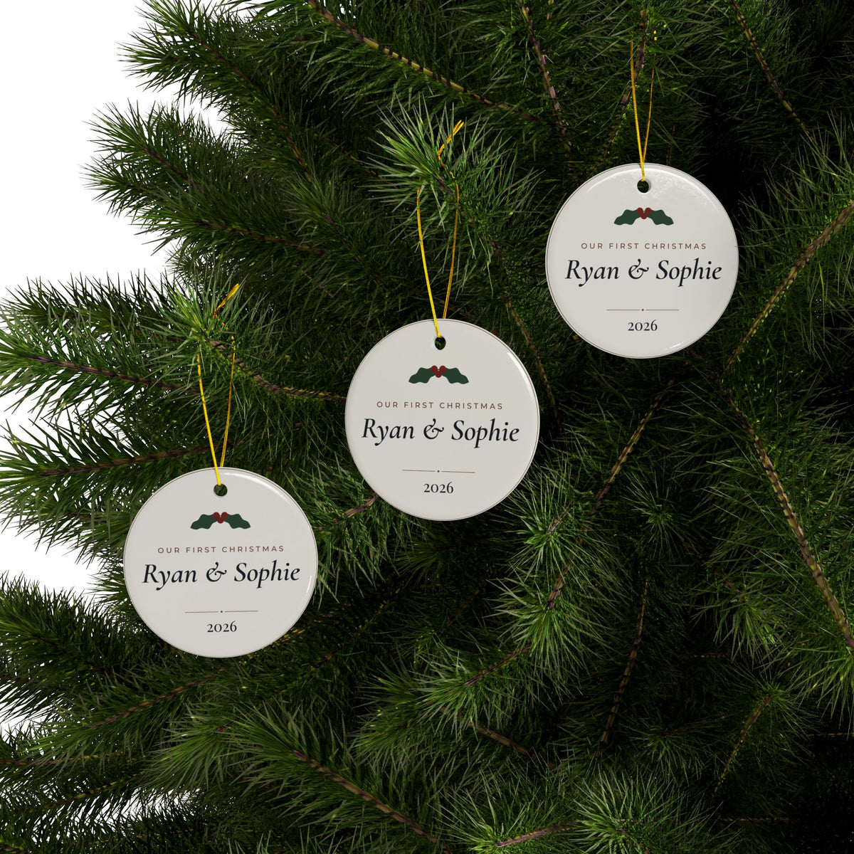 Personalized Our First Christmas Couple Ornament, Two-Sided Ceramic Keepsake, Printed in the USA