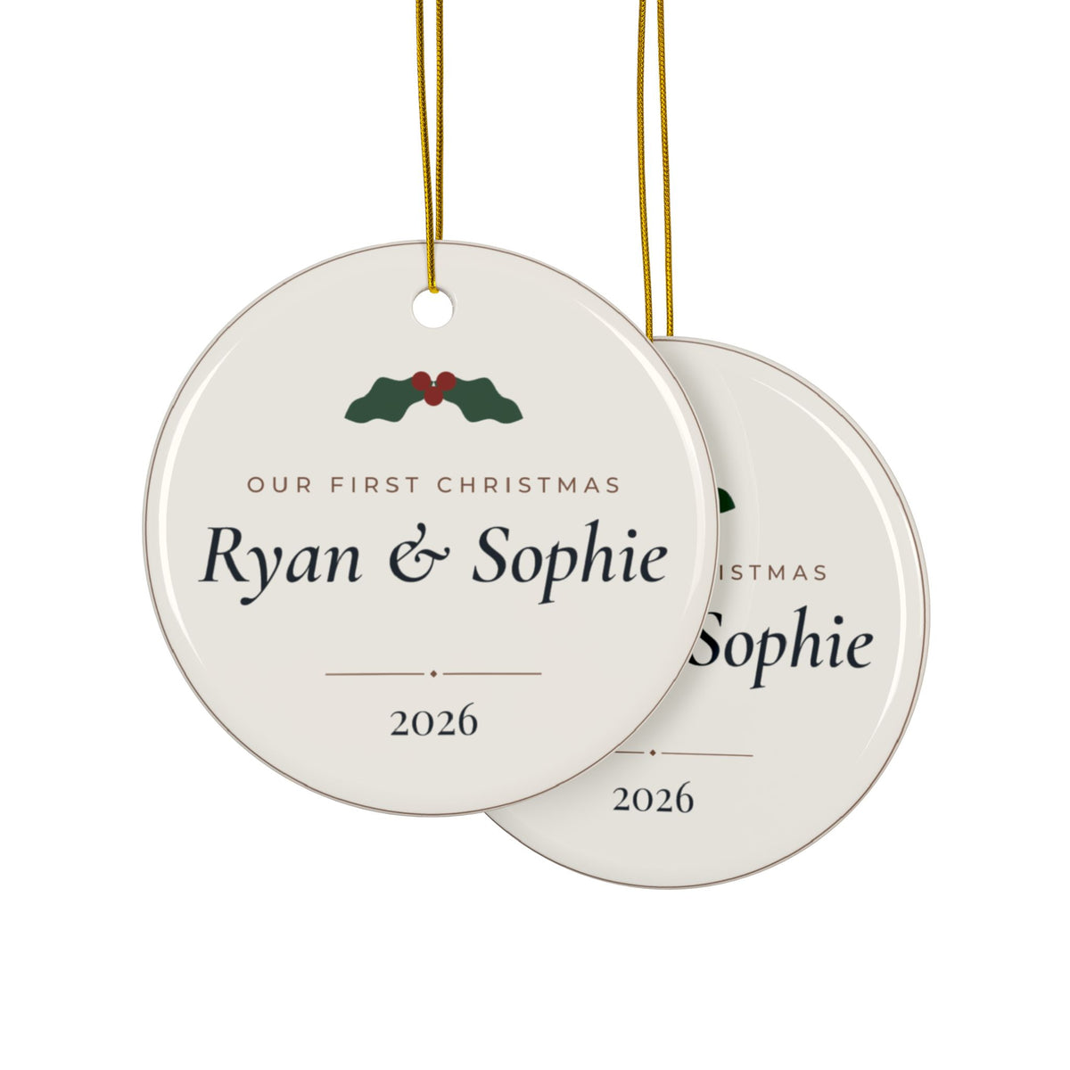 Personalized Our First Christmas Couple Ornament, Two-Sided Ceramic Keepsake, Printed in the USA