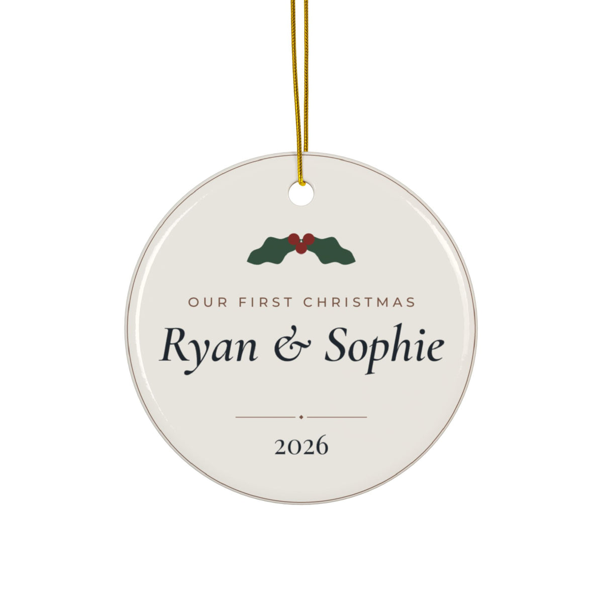Personalized Our First Christmas Couple Ornament, Two-Sided Ceramic Keepsake, Printed in the USA
