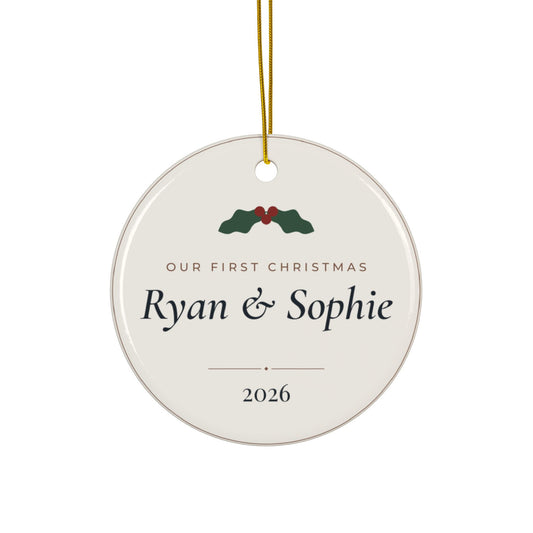Personalized Our First Christmas Couple Ornament, Two-Sided Ceramic Keepsake, Printed in the USA