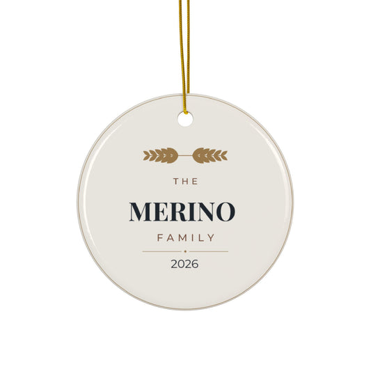 Personalized Family Name Christmas Ornament, Two-Sided Ceramic Keepsake, Printed in the USA