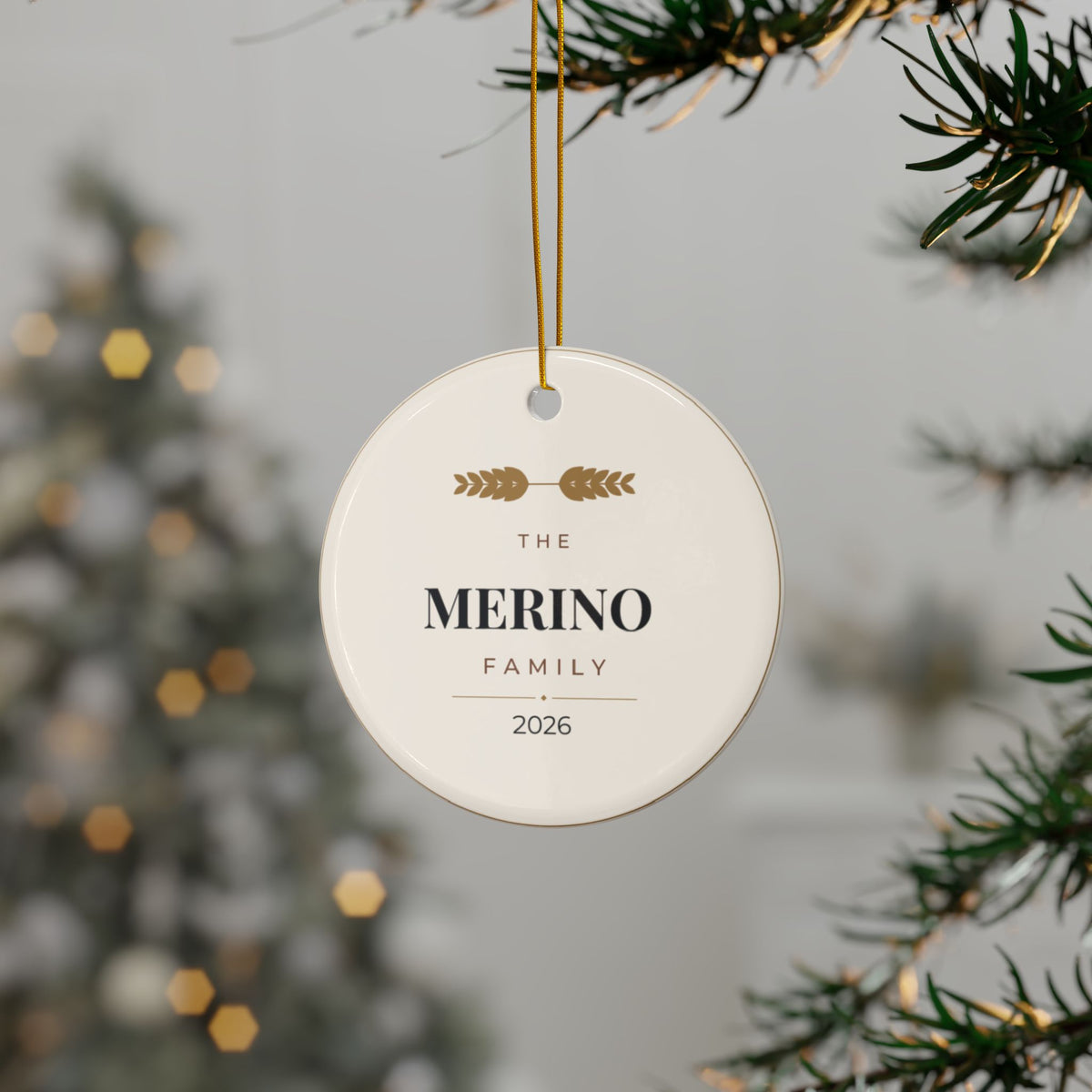 Personalized Family Name Christmas Ornament, Two-Sided Ceramic Keepsake, Printed in the USA