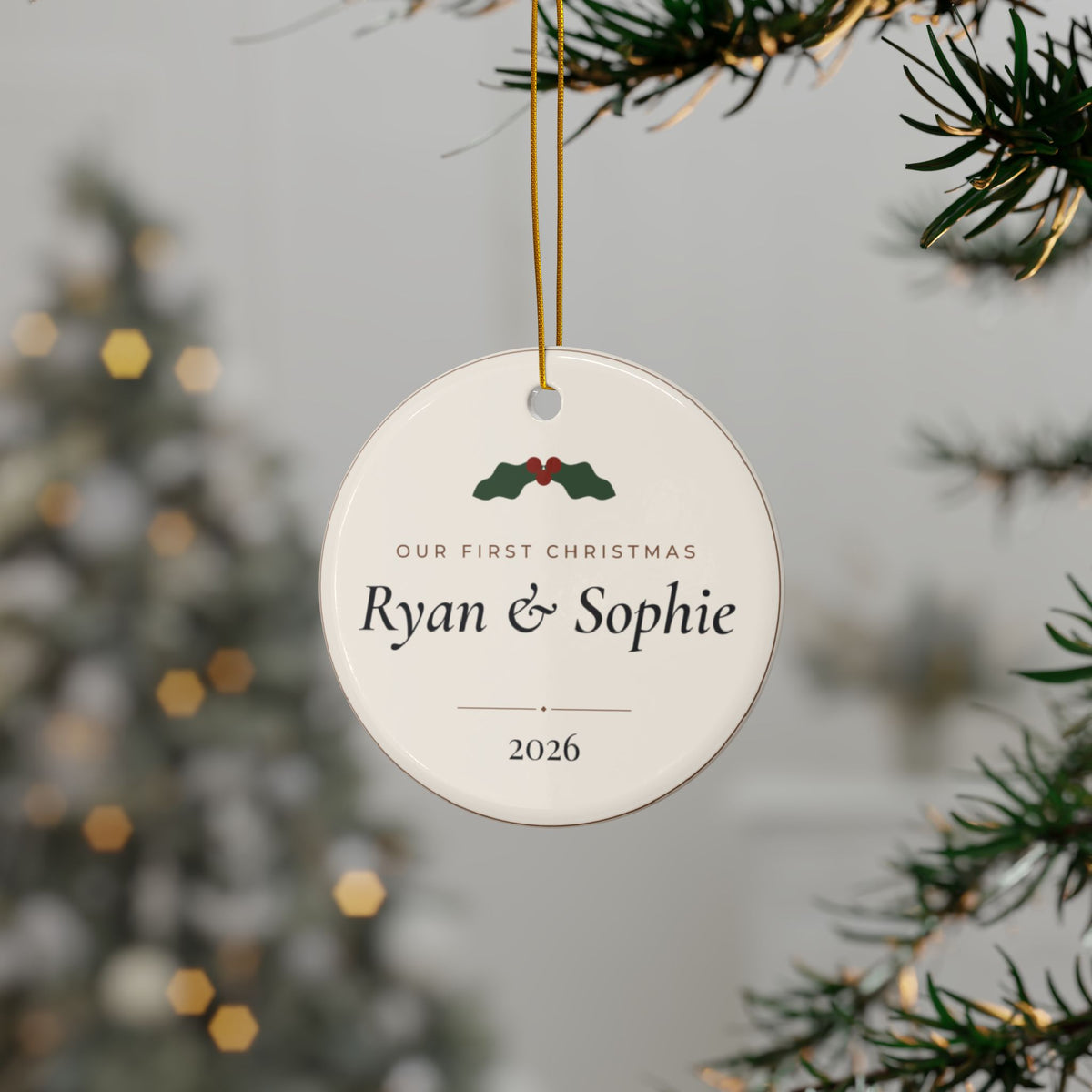 Personalized Our First Christmas Couple Ornament, Two-Sided Ceramic Keepsake, Printed in the USA